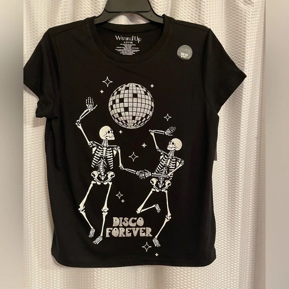 Dancing Skeletons “Disco Forever” black glittery short sleeve tee size large NWT - Picture 1 of 4